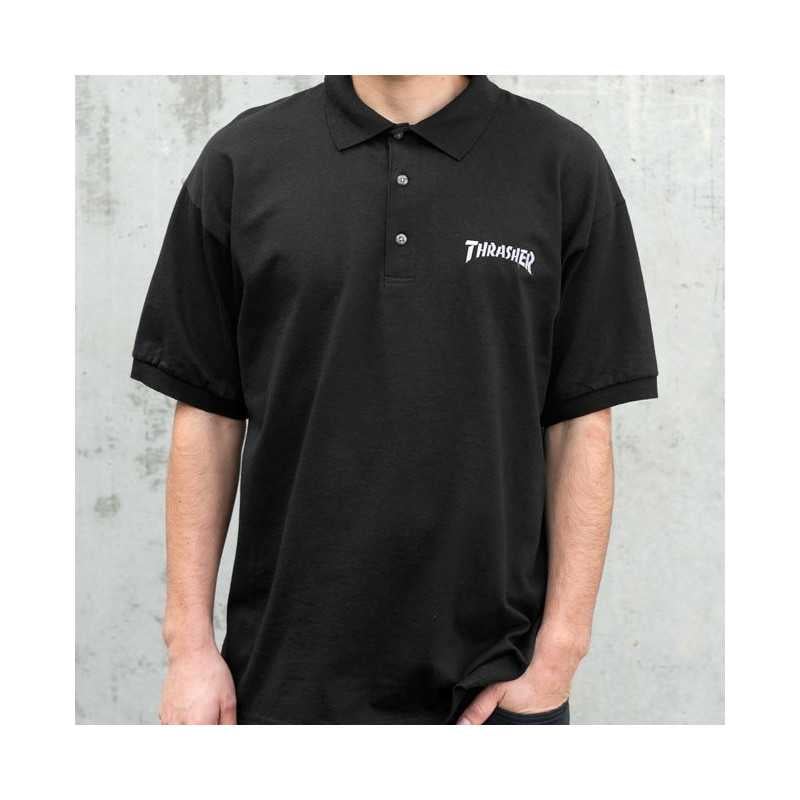 Thrasher Magazine EMBROIDERED LOGO POLO Skateboard Shirt BLACK XL 