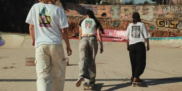 3 persons skating in white t-shirts
