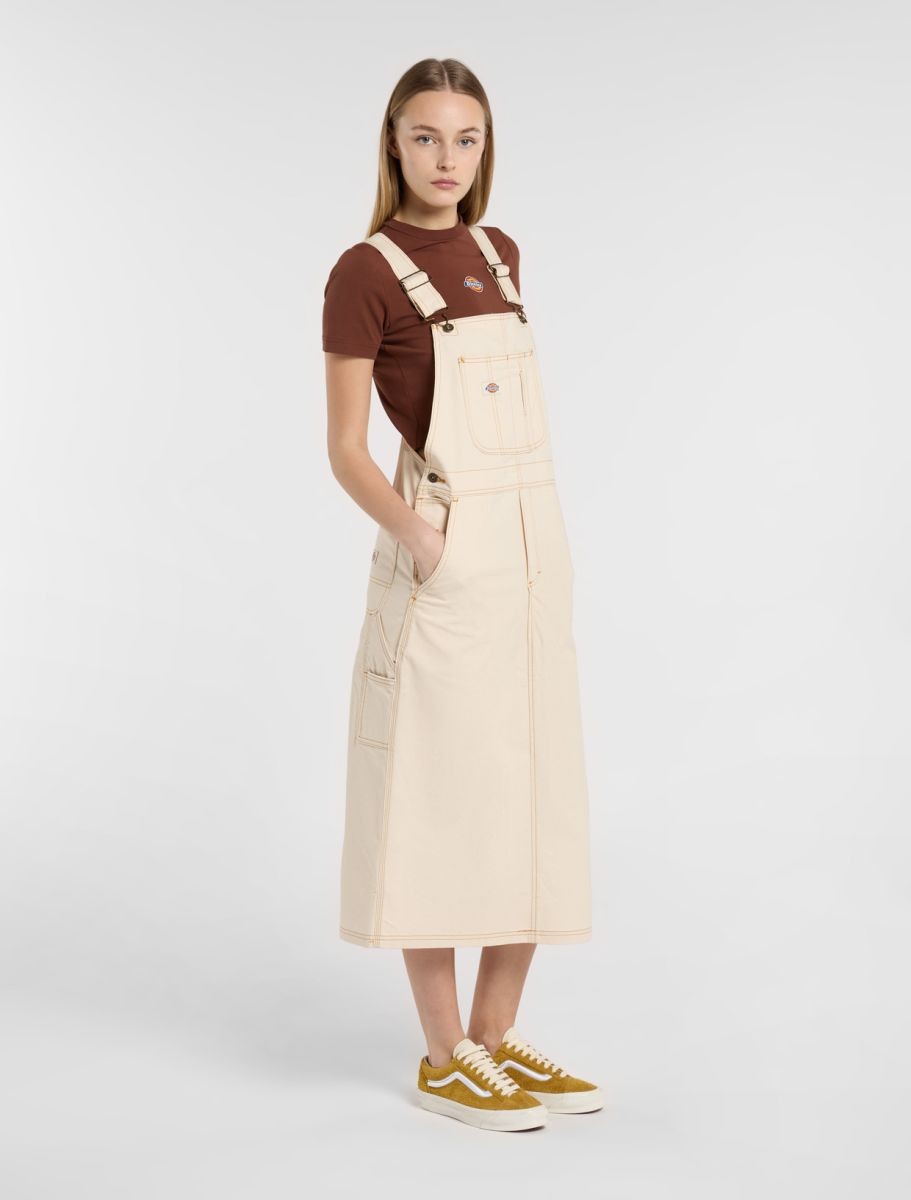 dickies women dress Womens Beige Adjustable Pocketed Overall Houndstooth Sleeveless Square Neck Short Shift Juniors S The Mapleton is a relaxed fit t Dickies Dresses for Women |
